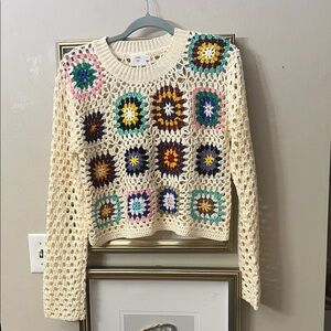 Anthropology LUNA IVY Multicolor Crochet Pattern Women's Sweater